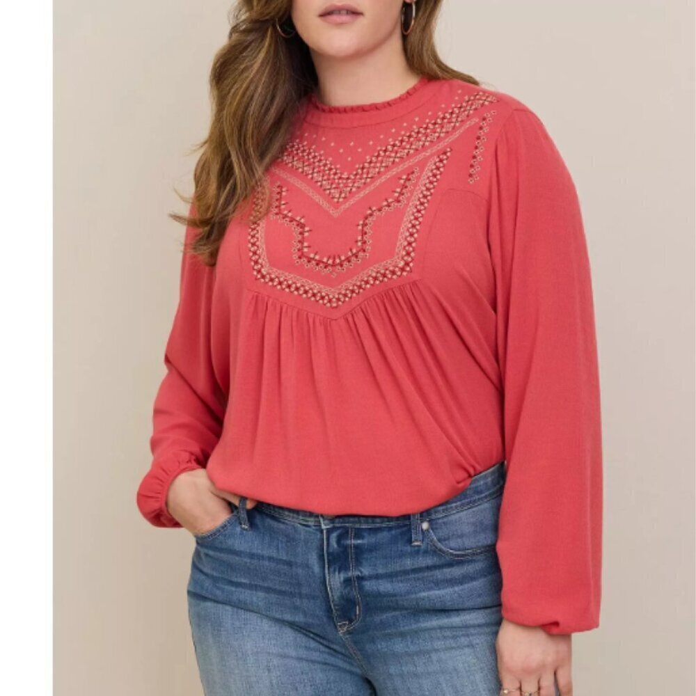 NWT TORRID Washable Crinkle Gauze Relaxed Embroidered Blouse Baked Apple 1X